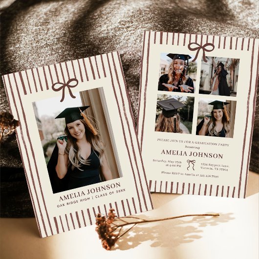 Elegant Bow Vintage Striped Photo Graduation 招待状