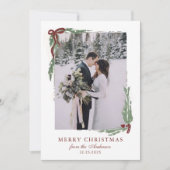 Elegant Bow with Greenery Photo Christmas シーズンカード (正面)