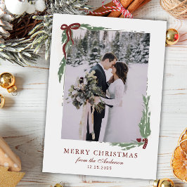 Elegant Bow with Greenery Photo Christmas シーズンカード