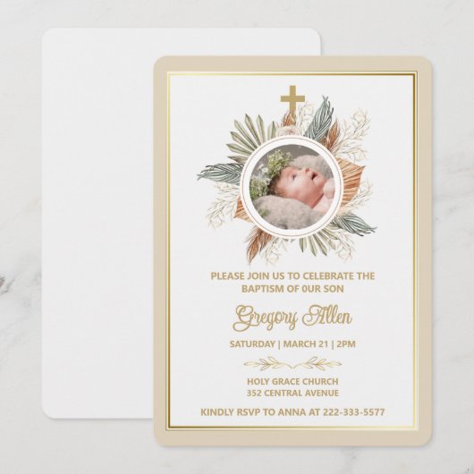 Elegant Boy Baptism Greenery Cross Photo  Invitati 招待状 (正面/裏面)