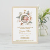 Elegant Boy Baptism Greenery Cross Photo  Invitati 招待状 (スタンド正面)