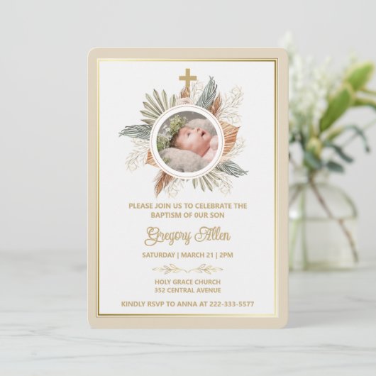 Elegant Boy Baptism Greenery Cross Photo Invitati 招待状 (スタンド正面)