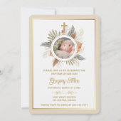 Elegant Boy Baptism Greenery Cross Photo Invitati 招待状 (正面)