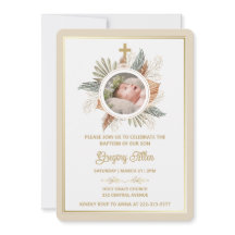 Elegant Boy Baptism Greenery Cross Photo  Invitati