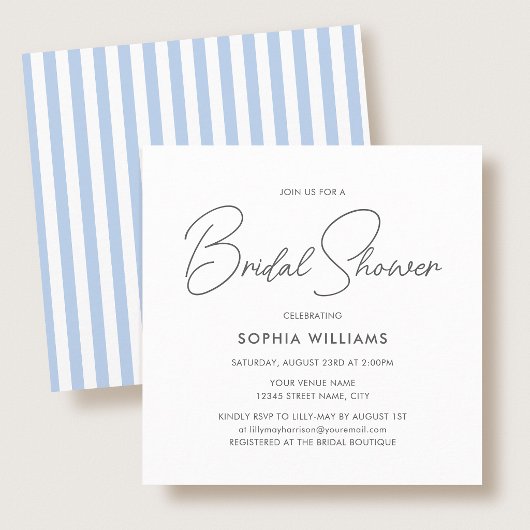 Elegant Bridal Shower Modern Script Blue Stripes 招待状
