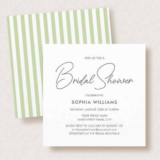 Elegant Bridal Shower Modern Script Green Stripes 招待状