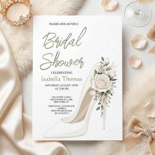 Elegant Bridal Shower with White Floral High Heel 招待状