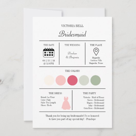 Elegant Bright Pink Bridesmaid Information Card 招待状 (正面)