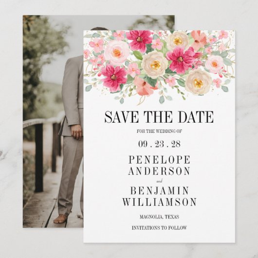 Elegant Bright Pink Floral Wedding Save The Date (正面/裏面)