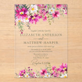 Elegant Bright Pink Wildflowers Floral Wedding アクリル招待状 (正面)