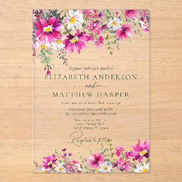 Elegant Bright Pink Wildflowers Floral Wedding アクリル招待状