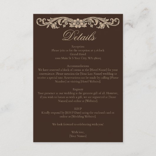 Elegant Brown and Cream Vintage Baroque Wedding エンクロージャーカード (正面)