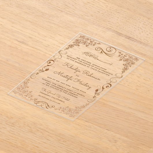 Elegant Brown Border Muslim Wedding アクリル招待状 (レイダウン)