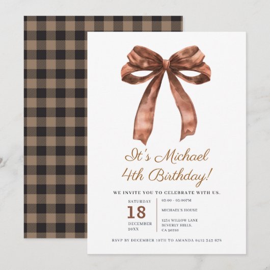 Elegant Brown Bow Coquette Boy 4th Birthday Party 招待状 (正面/裏面)