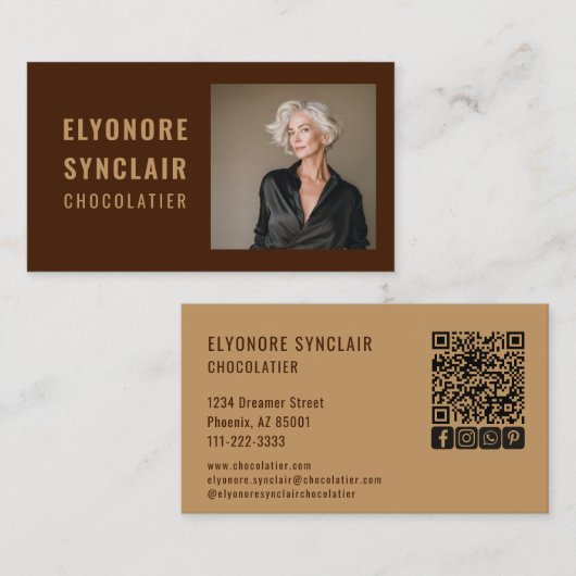 Elegant Brown Chocolatier Photo Social QR Code  名刺 (正面/裏面)