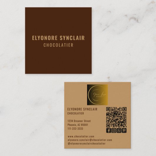 Elegant Brown Chocolatier Social Logo QR Code  スクエア名刺 (正面/裏面)