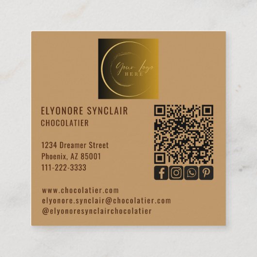 Elegant Brown Chocolatier Social Logo QR Code  スクエア名刺 (裏面)