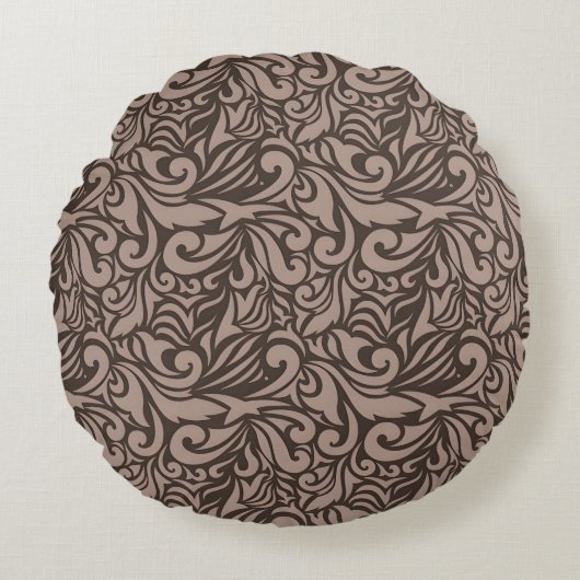 Elegant Brown Floral Pattern on Light Pink Back ラウンドクッション (正面)