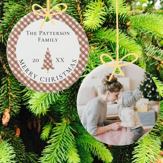 Elegant Brown Gingham Plaid Photo Merry Christmas セラミックオーナメント