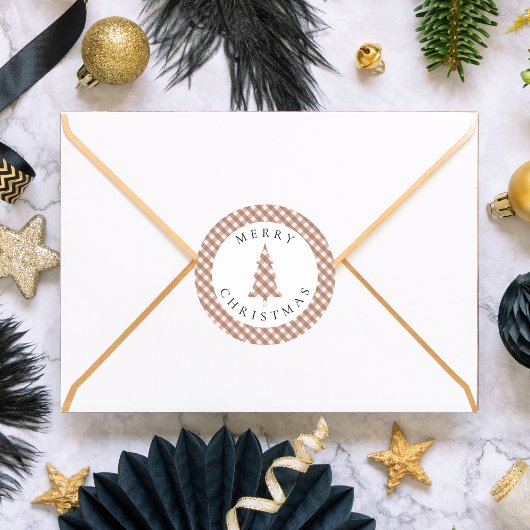 Elegant Brown Gingham Plaid Pine Merry Christmas ラウンドシール