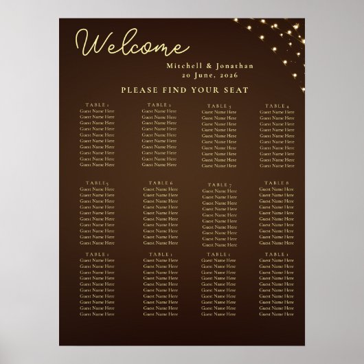 Elegant Brown & Gold Light Wedding Seating Chart ポスター (正面)