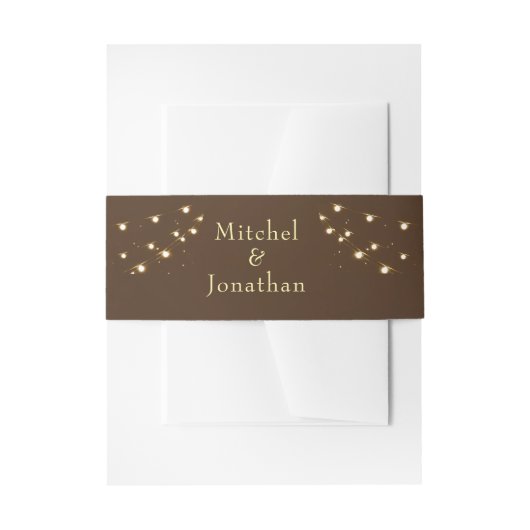 Elegant Brown & Gold String Lights ウェディング 招待状ベリーバンド (正面例)
