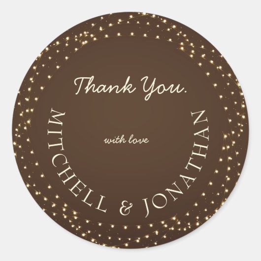 Elegant Brown & Gold String Lights Wedding ラウンドシール (正面)