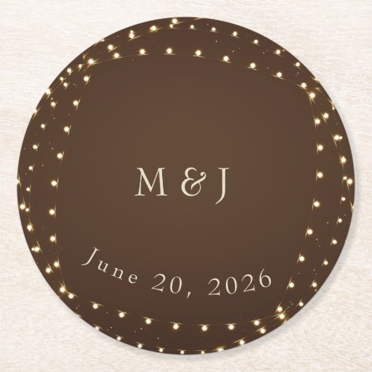 Elegant Brown & Gold String Lights wedding ラウンドペーパーコースター (正面)