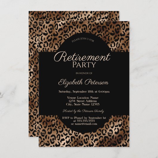 Elegant Brown Leopard Print Retirement Party 招待状 (正面/裏面)