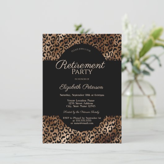 Elegant Brown Leopard Print Retirement Party 招待状 (スタンド正面)