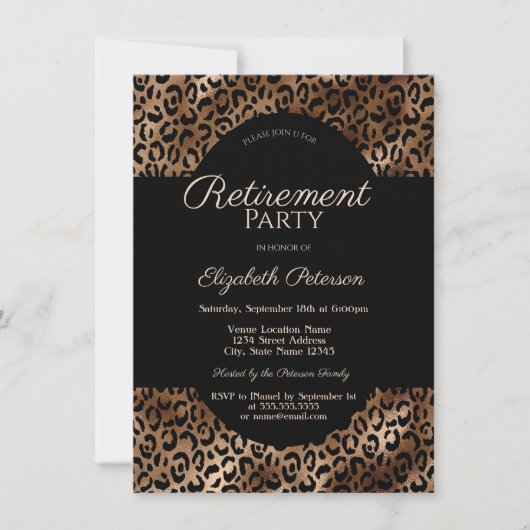 Elegant Brown Leopard Print Retirement Party 招待状 (正面)