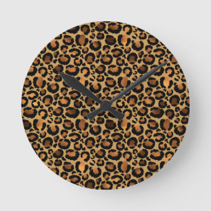 Elegant Brown Leopard Spots Wild Animal Glam ラウンド壁時計