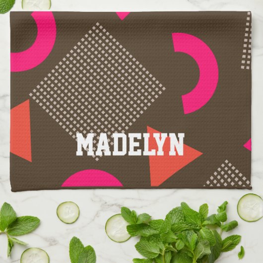 Elegant Brown Orange Geometric Personalized Name  キッチンタオル (折り畳み)