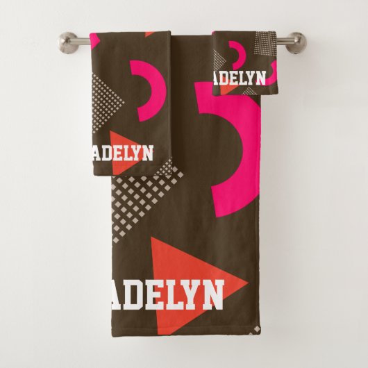 Elegant Brown Orange Geometric Personalized Name  バスタオルセット (インサイチュ)