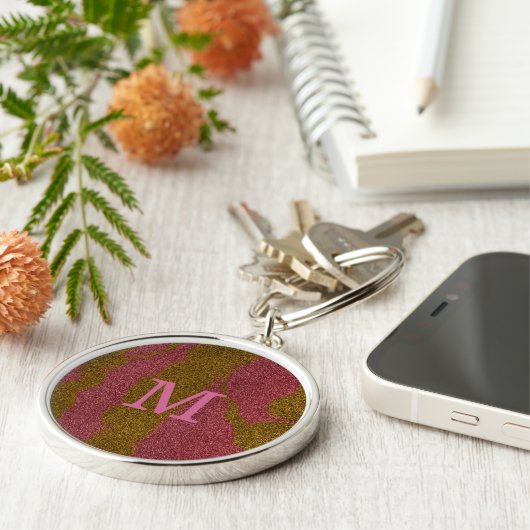 Elegant Brown Pink Glitter Monogram Keychain キーホルダー (側面)