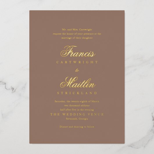 Elegant Brown Romantic Wedding 箔招待状 (正面)