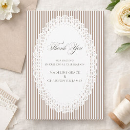 Elegant Brown Stripe Lace Doily Wedding Thank You サンキューカード