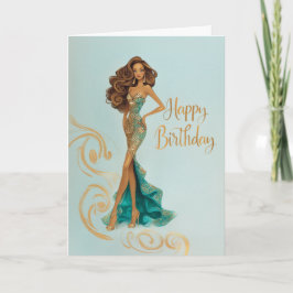 Elegant Brunette in Gold Teal Fashionista BDay カード