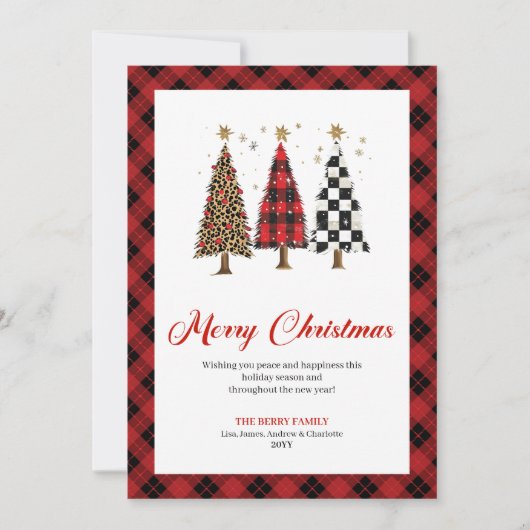 Elegant Buffalo Plaid Christmas Tree Leopard Card シーズンカード (正面)