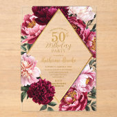 Elegant Burgundy and Blush Peony Floral Birthday アクリル招待状 (正面)