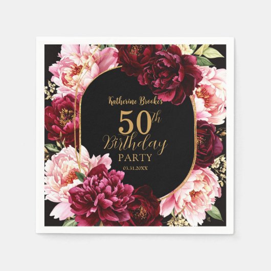 Elegant Burgundy and Blush Peony Floral Birthday スタンダードカクテルナプキン (正面)