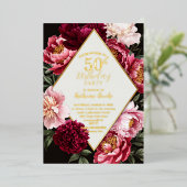 Elegant Burgundy and Blush Peony Floral Birthday 箔招待状 (立ち正面)