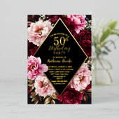 Elegant Burgundy and Blush Peony Floral Birthday 箔招待状 (立ち正面)