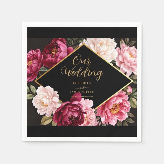 Elegant Burgundy and Blush Peony Floral Wedding スタンダードカクテルナプキン (正面)