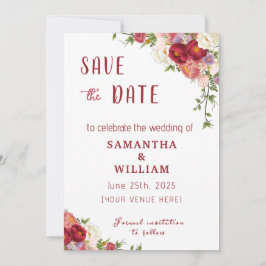 Elegant Burgundy and Crimson Blush Floral Wedding セーブザデート