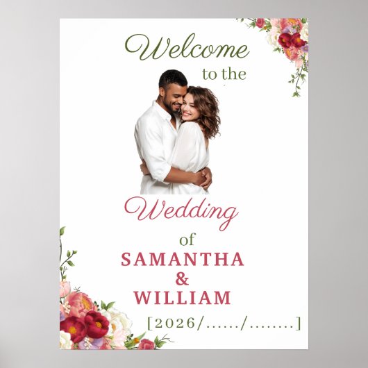 Elegant Burgundy and Crimson Blush Floral Wedding  ポスター (正面)
