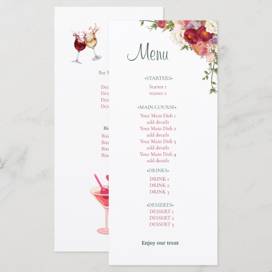 Elegant Burgundy and Crimson Blush Floral Wedding  メニュー (正面/裏面)