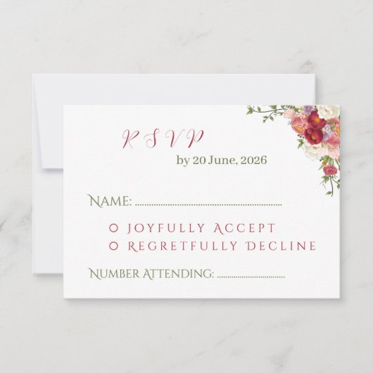 Elegant Burgundy and Crimson Blush Floral Wedding  出欠カード (正面)