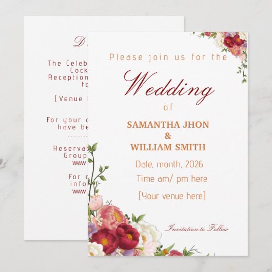 Elegant Burgundy and Crimson Blush Floral Wedding 招待状 (正面/裏面)