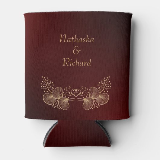 Elegant Burgundy and Gold Monogram Wedding 缶クーラー (正面)